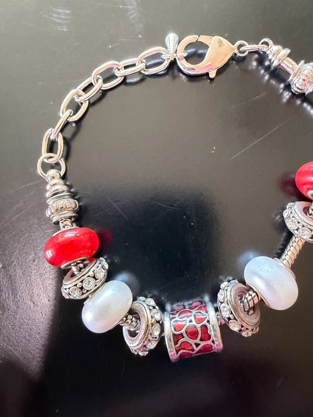 bella Perlina Red and White Glass Bead Charm Bracelet with Silver Accents